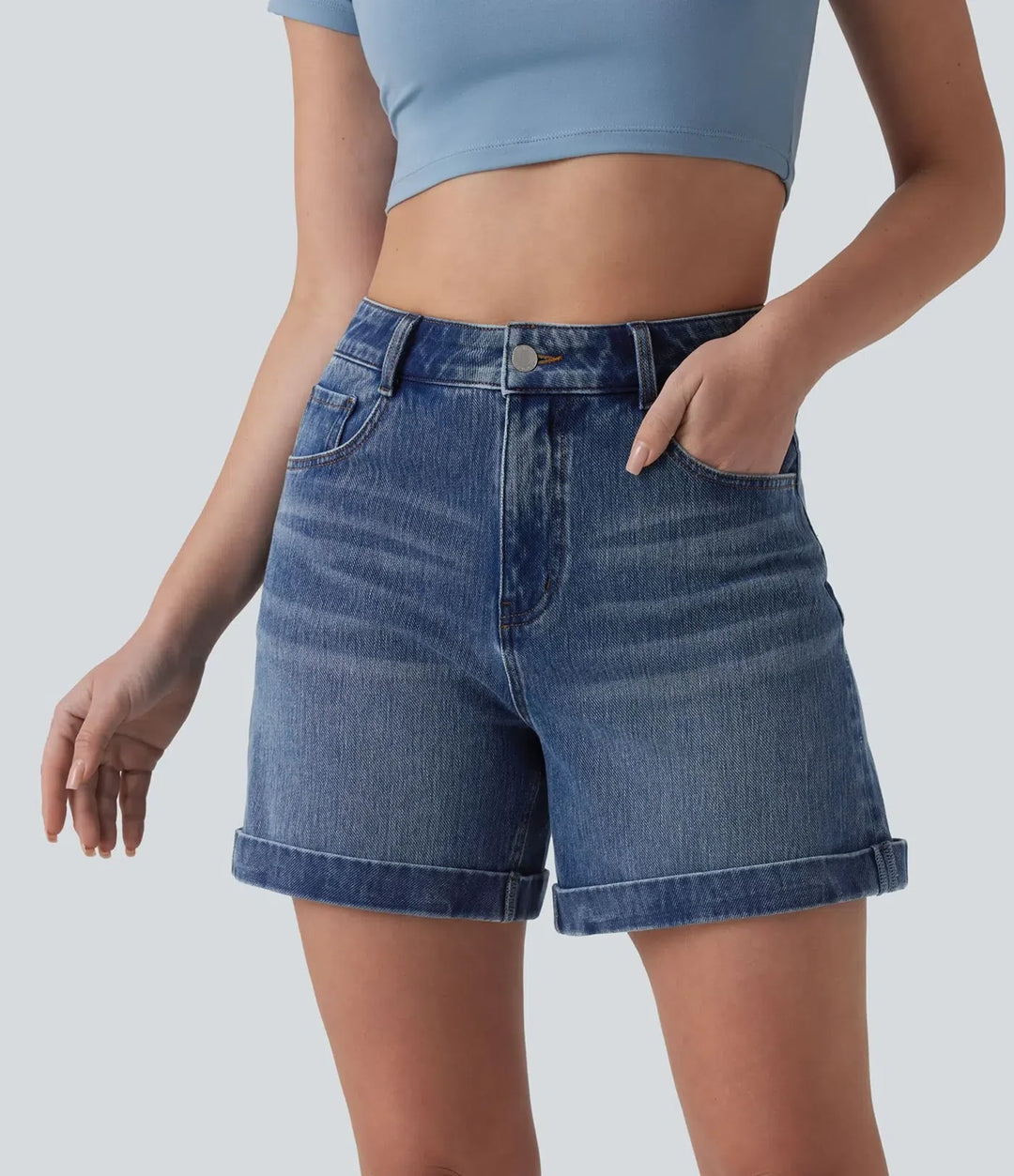 Halara Flex med medelhög midja upprullad fåll denim vardagsshorts 5&