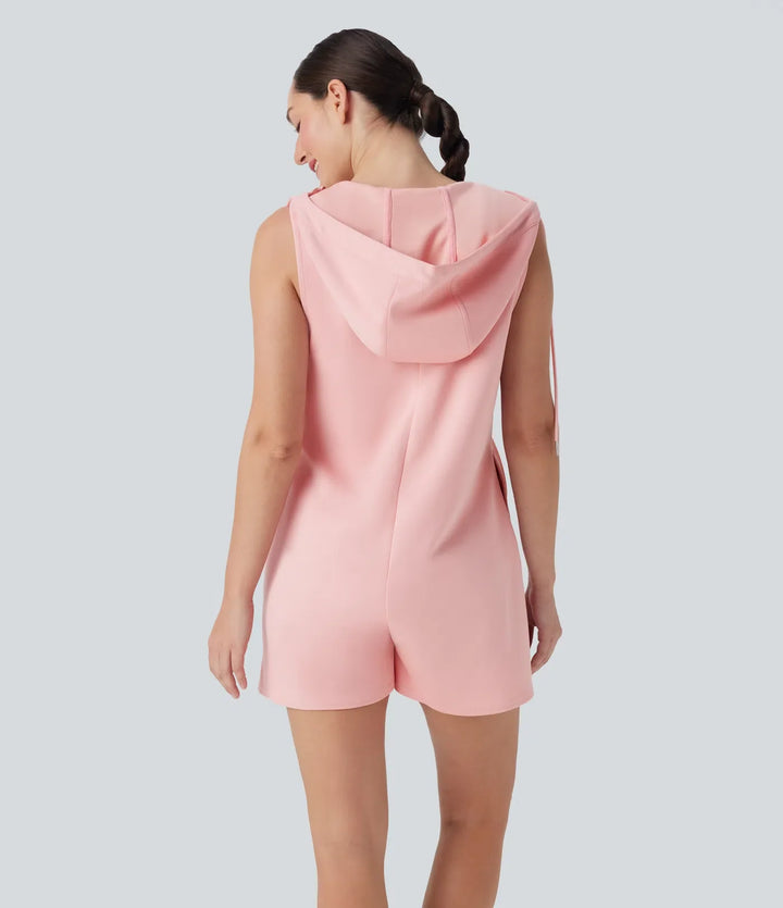 Med huva ärmlös dragkedja vardaglig jumpsuit med fickor