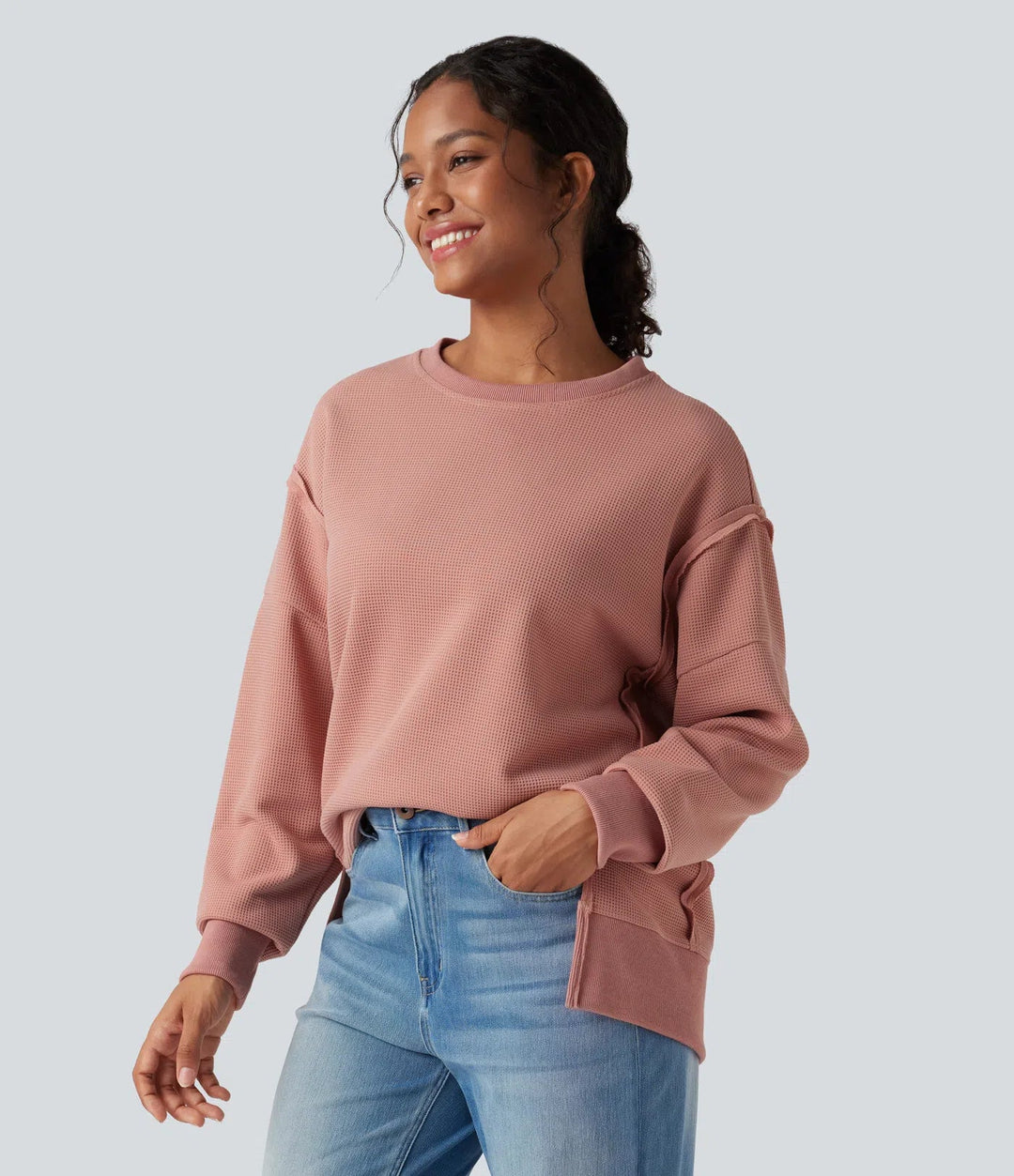 Rund hals långärmad slits fåll våffelstruktur vardaglig sweatshirt