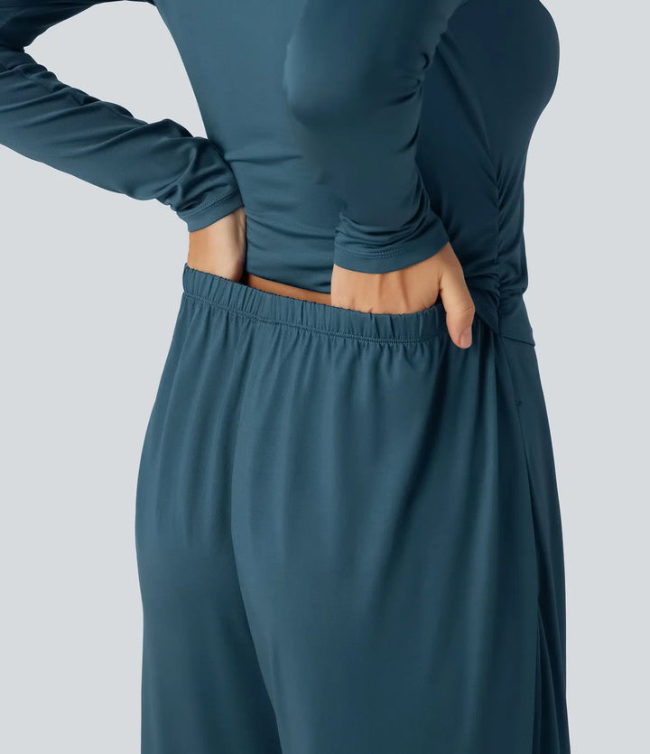 Båtringad långärmad vida ben rynkat vardaglig jumpsuit med fickor-Easy Peezy Edition