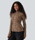 Lyckera UltraSculpt leopardmönster ståkrage långärmad tumhål vardaglig jacka med fickor