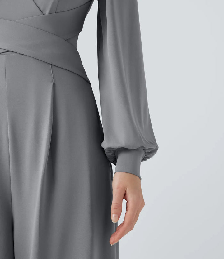 V-ringad lång puffärm crossover arbetsjumpsuit med fickor-Easy Peezy