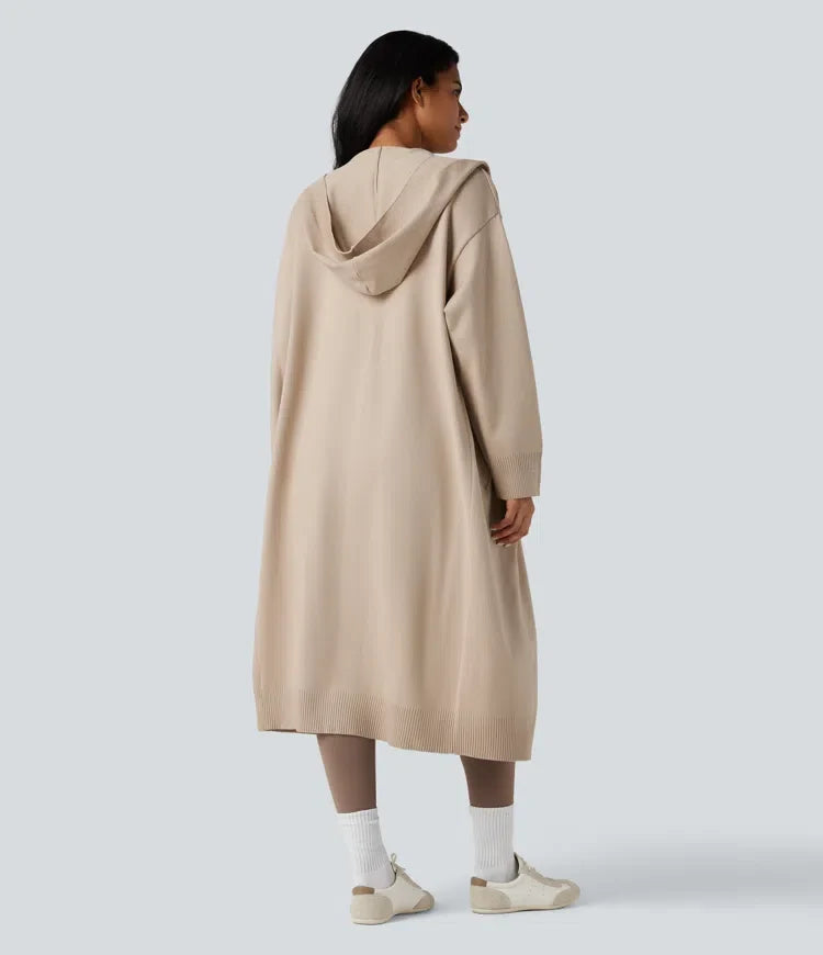 Med huva långärmad lång modell vardaglig cardigan med fickor