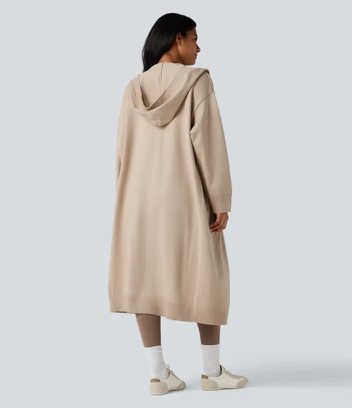 Med huva långärmad lång modell vardaglig cardigan med fickor