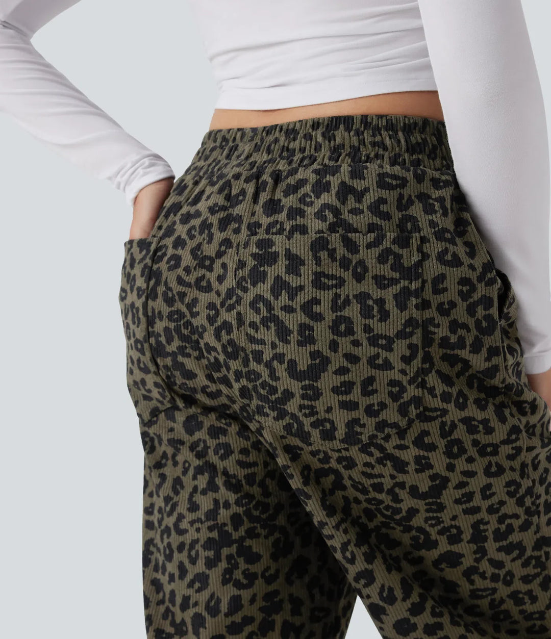 Med hög midja leopardmönstrad manchester för vardag baggy byxor med fickor