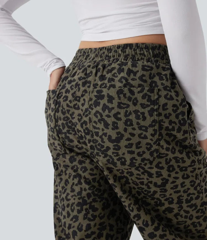 Med hög midja leopardmönstrad manchester för vardag baggy byxor med fickor