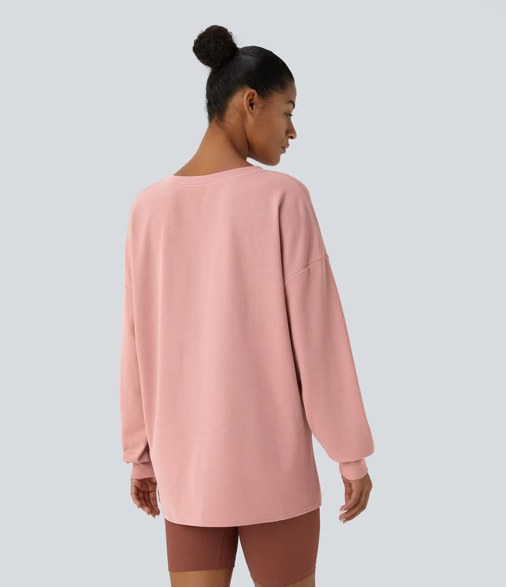 V-ringad nedhasad axel avslappnad våffelstruktur vardaglig sweatshirt