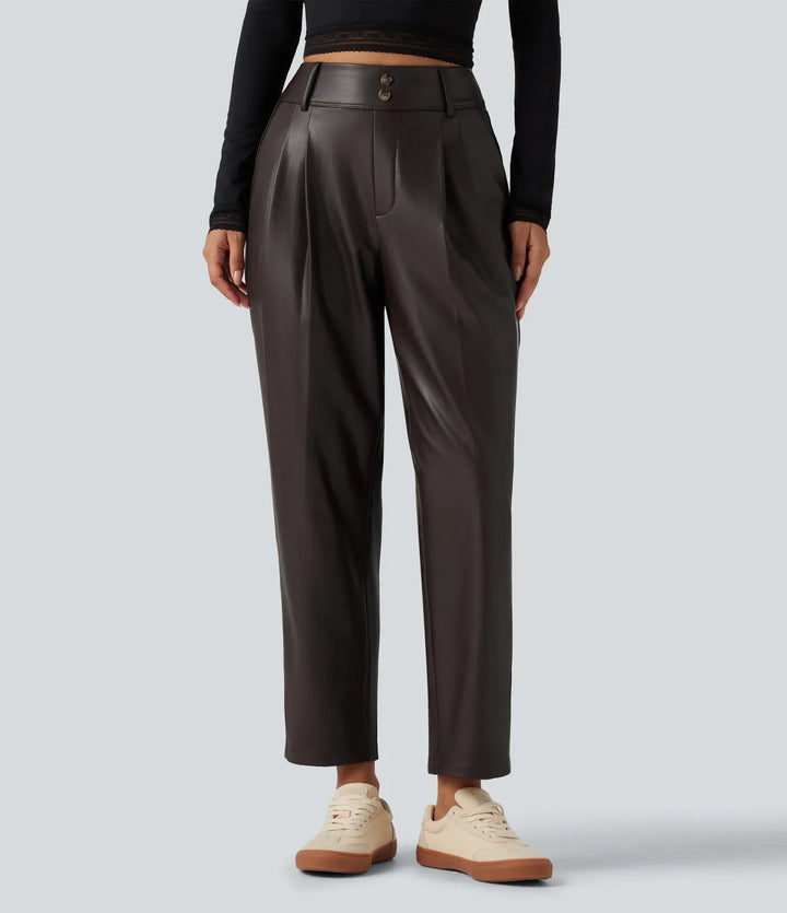 Högmidjad avsmalnande stretchig PU fleece vardagsbyxor med fickor