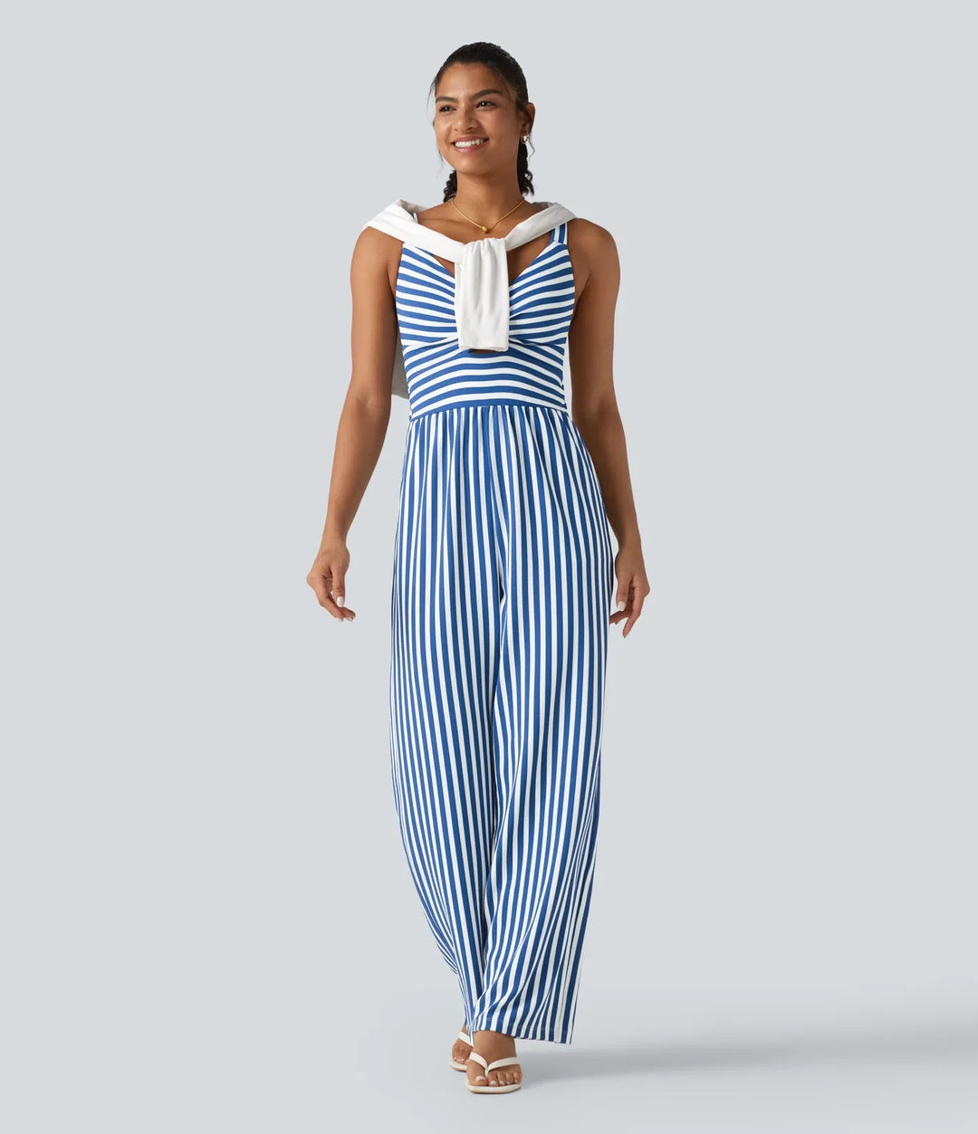 Ärmlös vriden smockad dold dragkedja inbyggd BH ränder våffelstruktur vardaglig jumpsuit med fickor-Easy Peezy