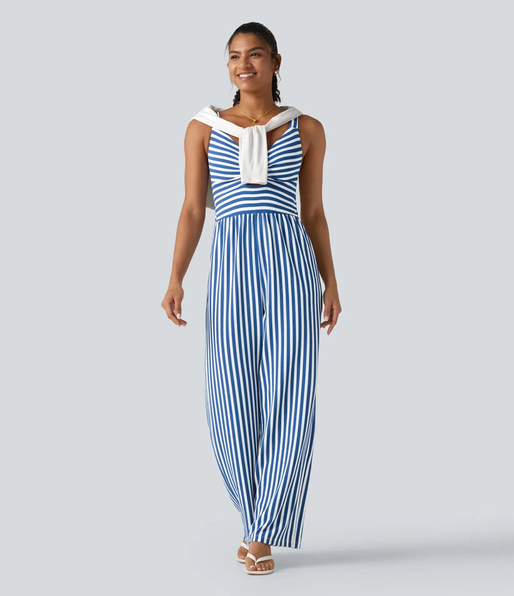 Ärmlös vriden smockad dold dragkedja inbyggd BH ränder våffelstruktur vardaglig jumpsuit med fickor-Easy Peezy