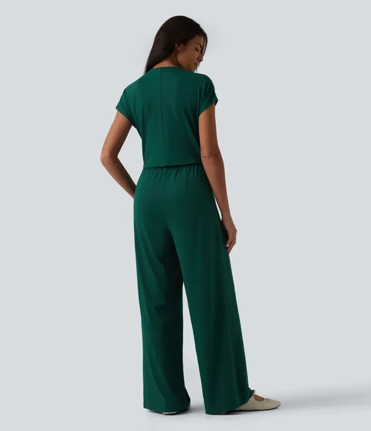 V-ringning kortärmad vida ben jumpsuit för vardag med fickor – Easy Peezy-utgåva
