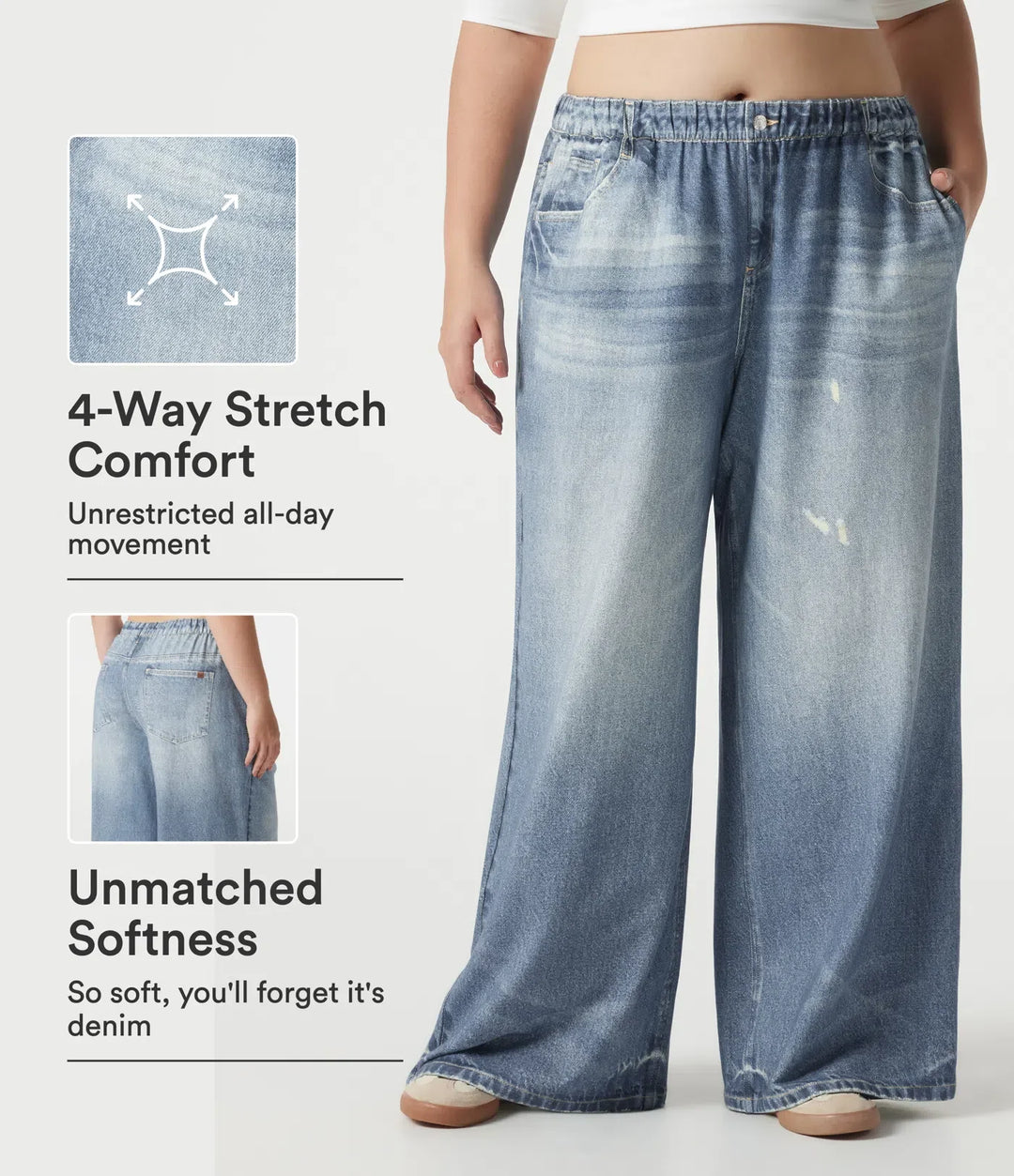 Plusstorlek medelhög midja denim mönster frotté vardaglig mjukisbyxor jeans med fickor