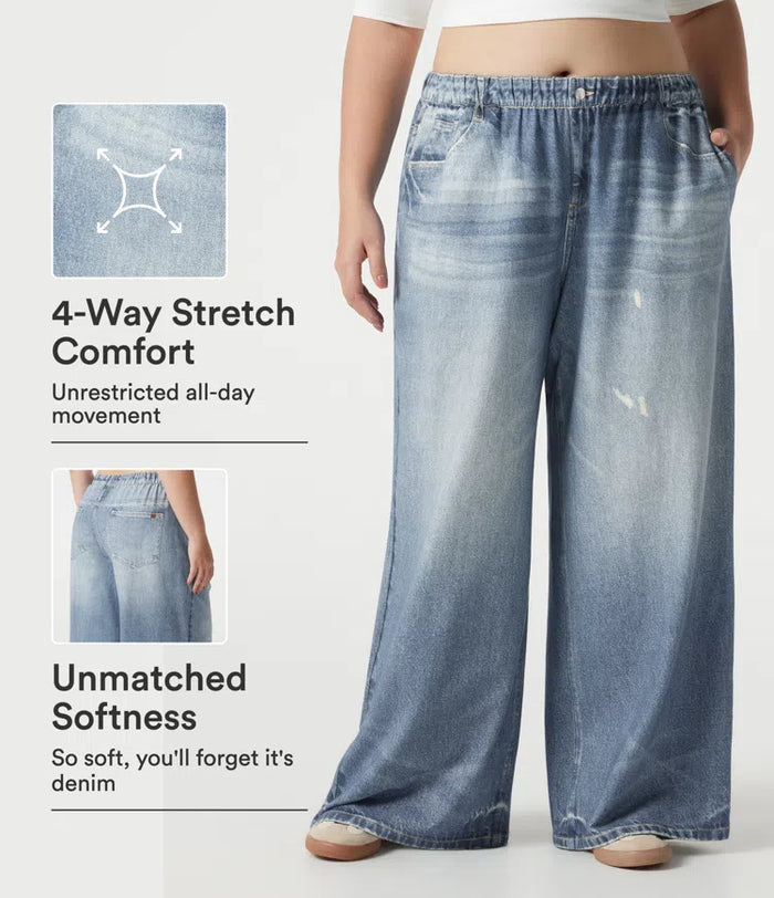 Plusstorlek medelhög midja denim mönster frotté vardaglig mjukisbyxor jeans med fickor