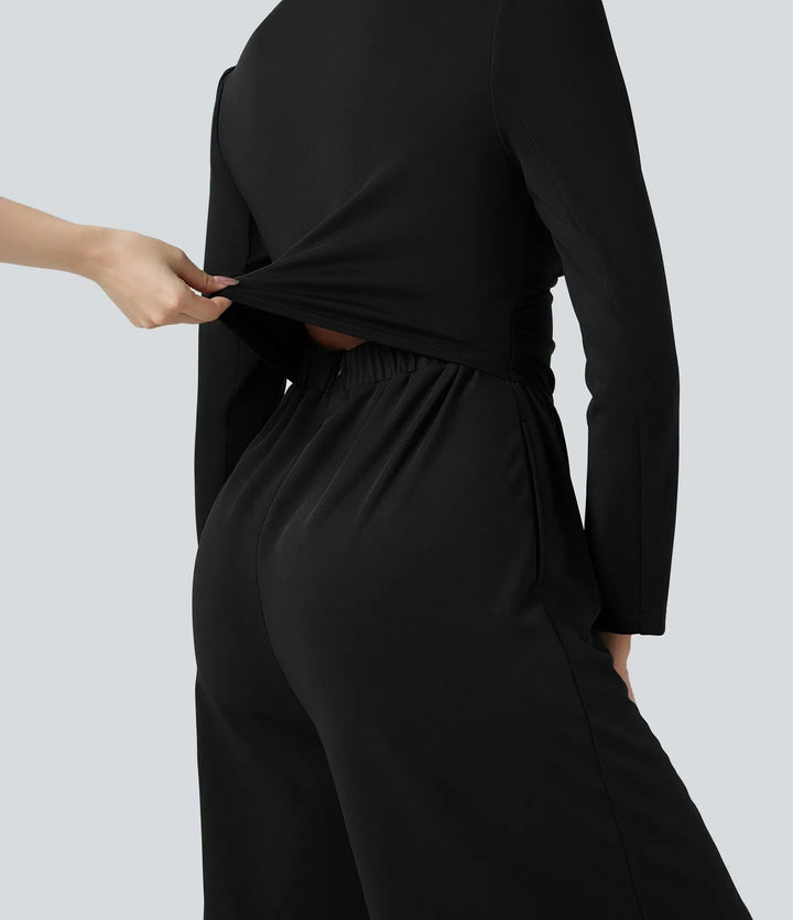 V-ringad långärmad rynkat jumpsuit med fickor-Easy Peezy Edition