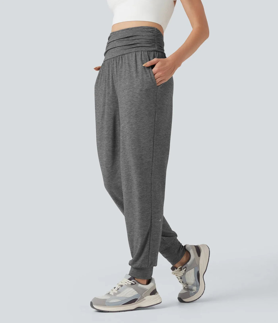 Med hög midja rynklad melerad yoga joggingbyxor med fickor