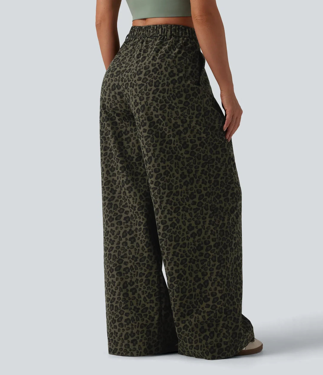 Medelhög midja vida ben baggy leopardmönster vardagsbyxor med fickor