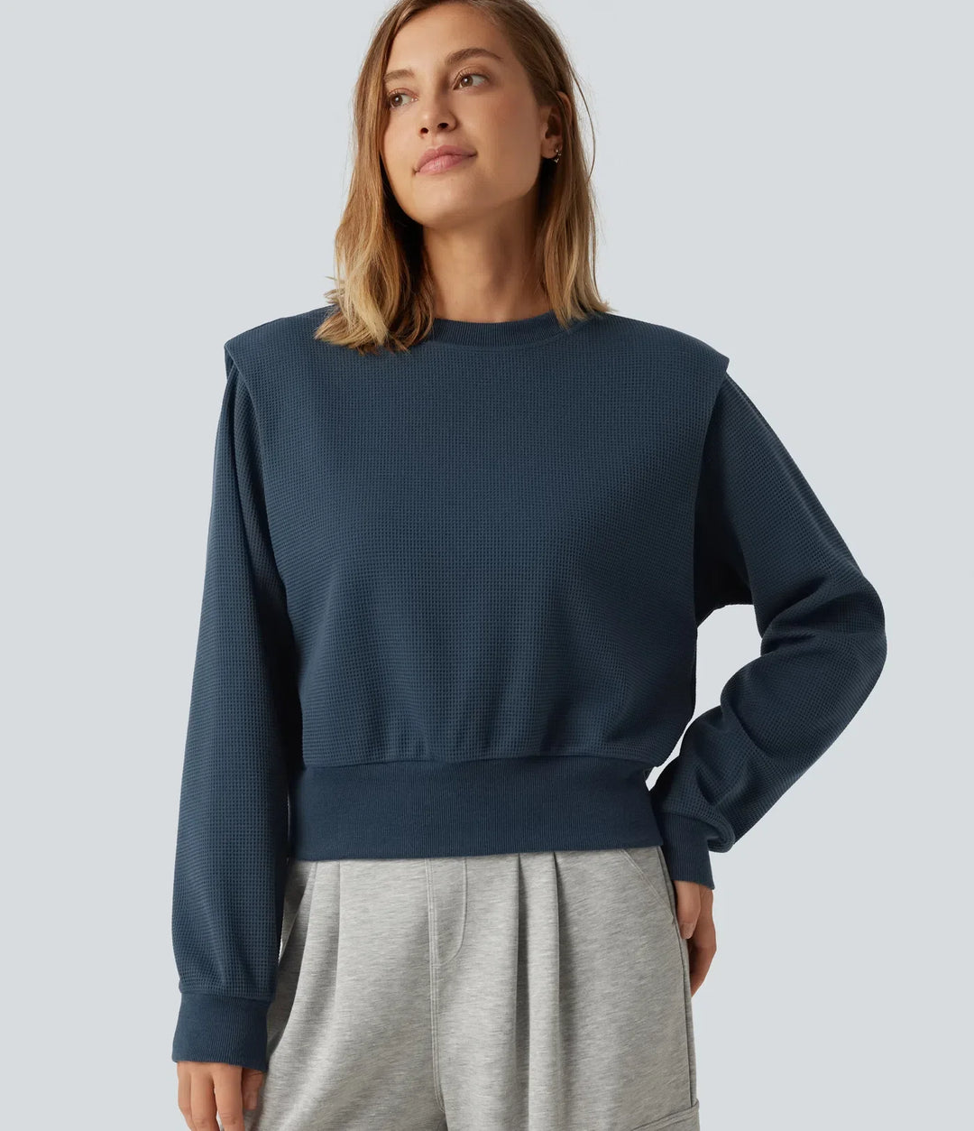 Rund hals långärmad våffelstruktur vardaglig sweatshirt