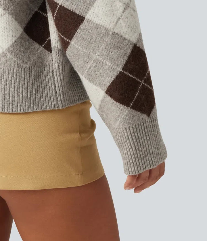 V-ringad långärmad rutig vardaglig cardigan