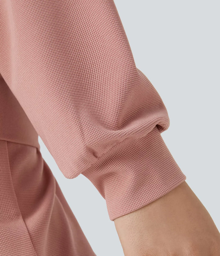 V-ringad nedhasad axel långärmad våffelstruktur vardaglig sweatshirt