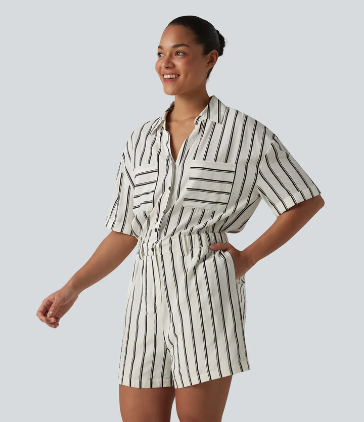 Kortärmad randig vardaglig skjorta playsuit med fickor