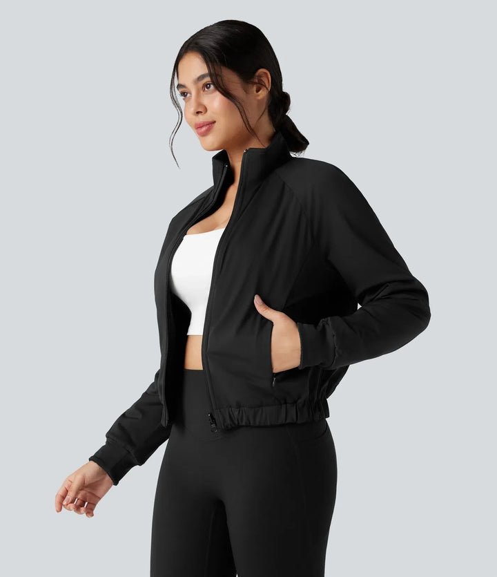 Vändbar hög hals långärmad fleece vandringsjacka med fickor (två looks i en)