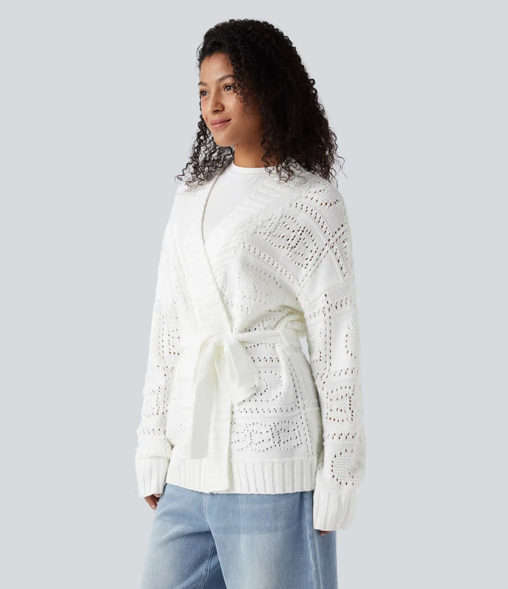 Öppen front långärmad bältad tröja stickad vardaglig cardigan