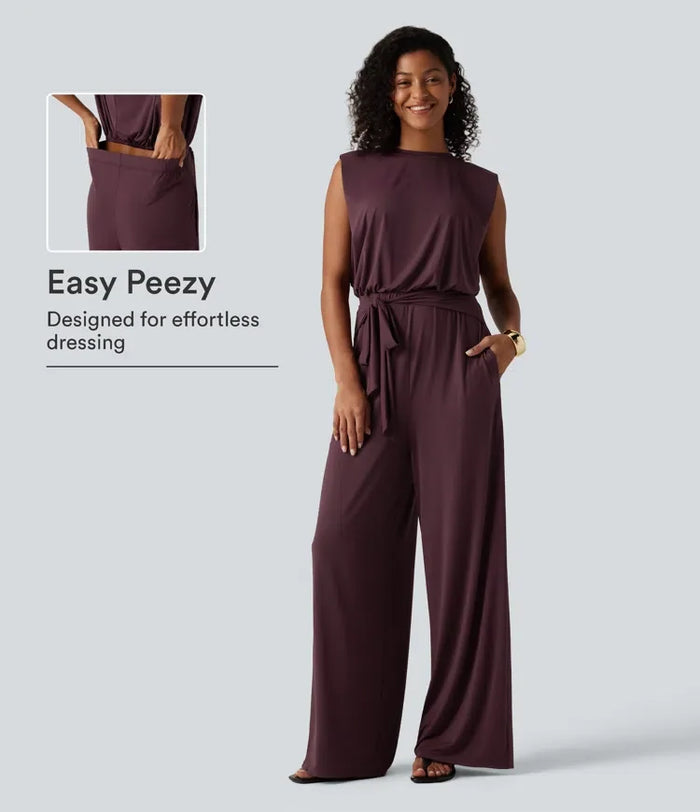 Rund hals ärmlös knytning fram InstantCool vardaglig jumpsuit med fickor-Easy Peezy Edition-UPF50+