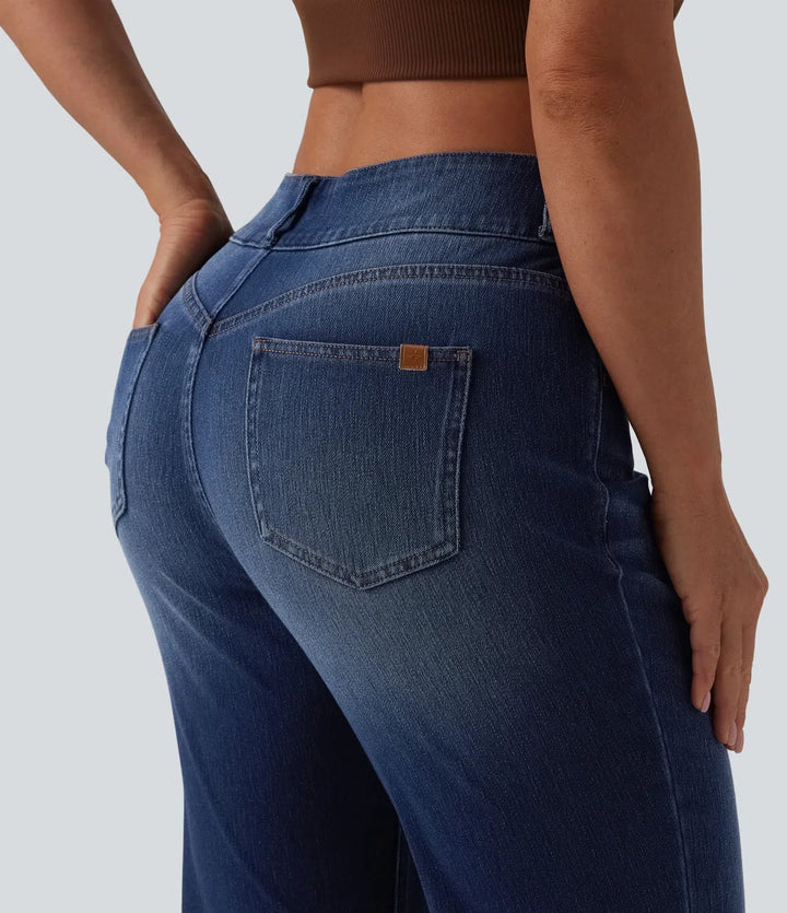 Lyckera Flex asymmetrisk medelhög midja vardaglig utsvängd jeans med fickor
