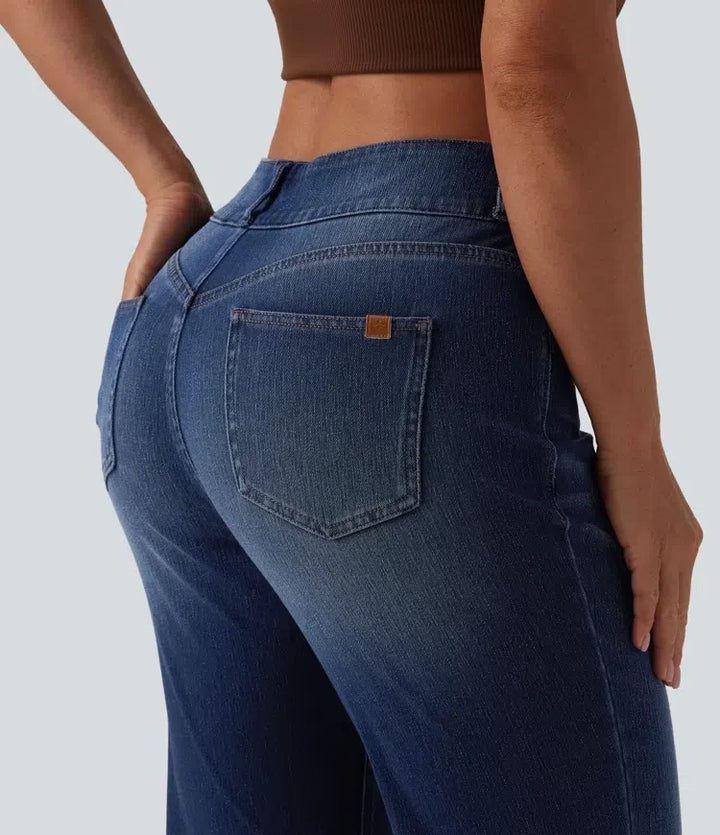 Halara Flex asymmetrisk med medelhög midja för vardag utsvängd jeans med fickor