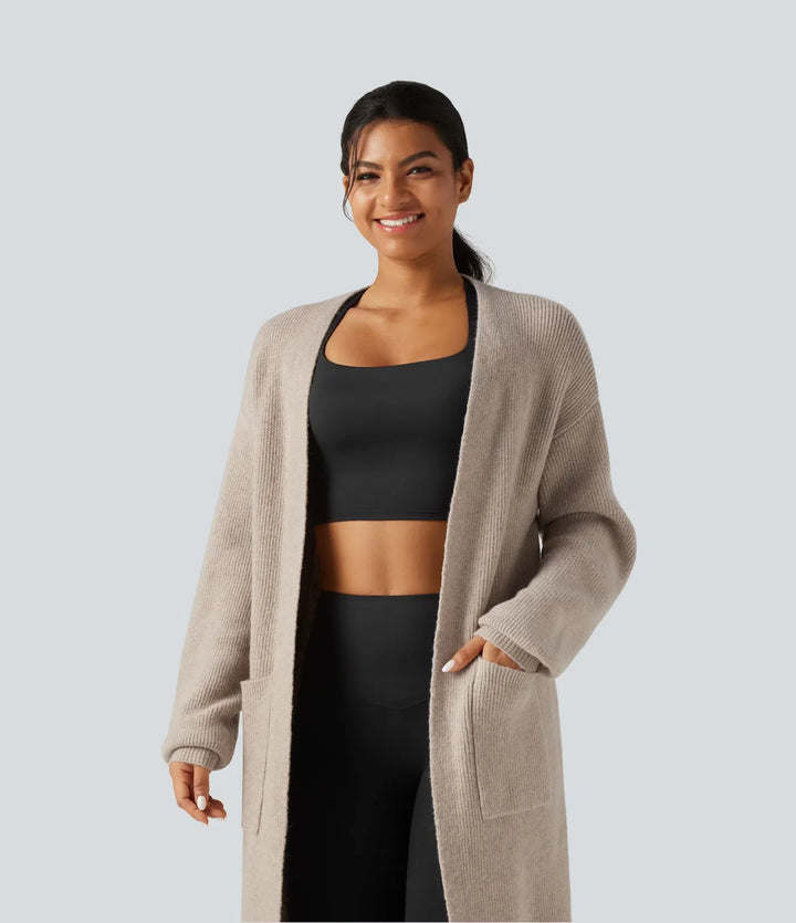 Långärmad lång modell vardaglig cardigan med fickor
