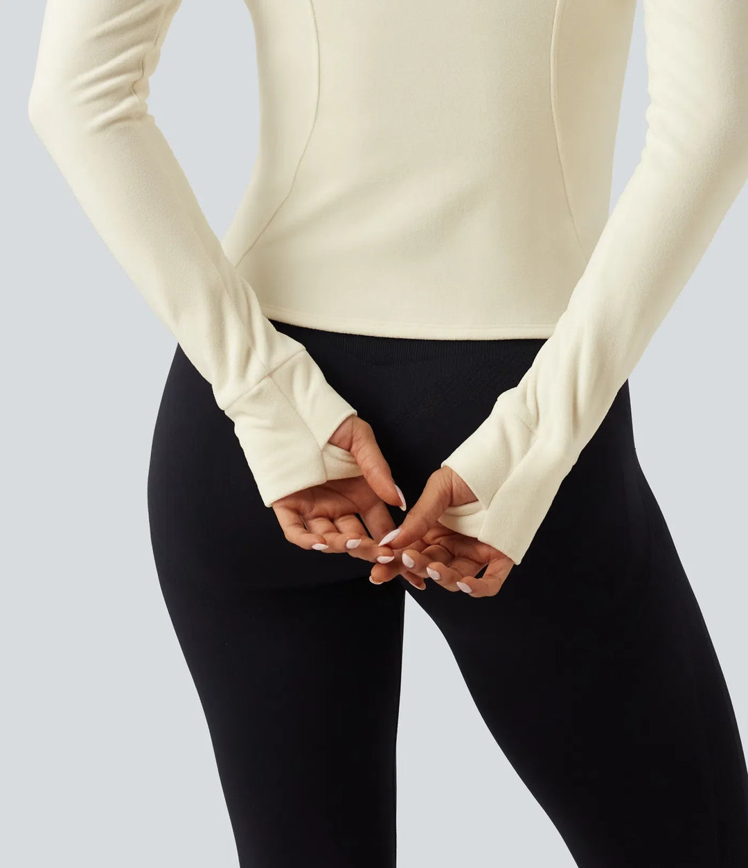 Ståkrage långärmad fleece smal yoga träningsjacka med tumhål och fickor