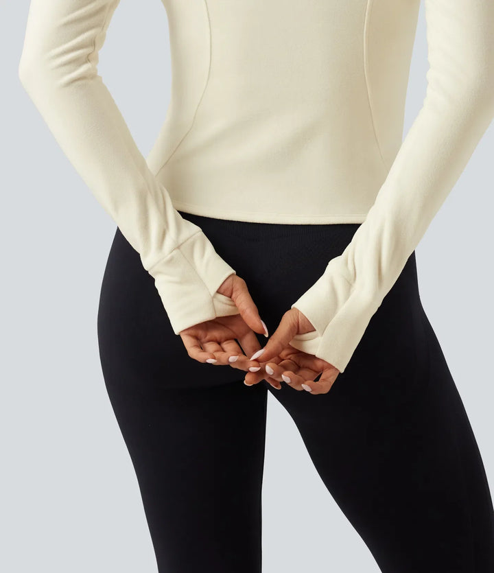Ståkrage långärmad fleece smal yoga träningsjacka med tumhål och fickor