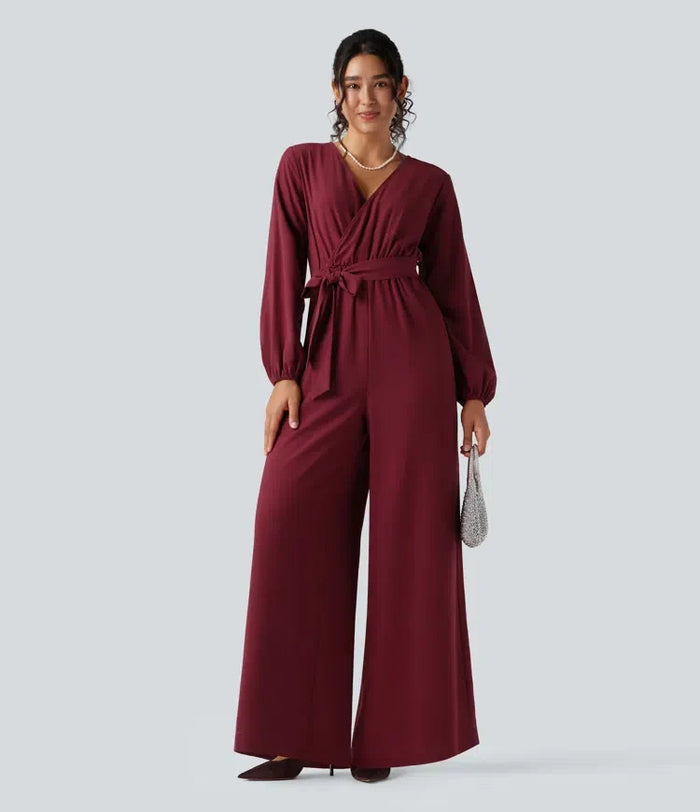 V-ringad lång puffärm bältad vida ben fest jumpsuit med fickor