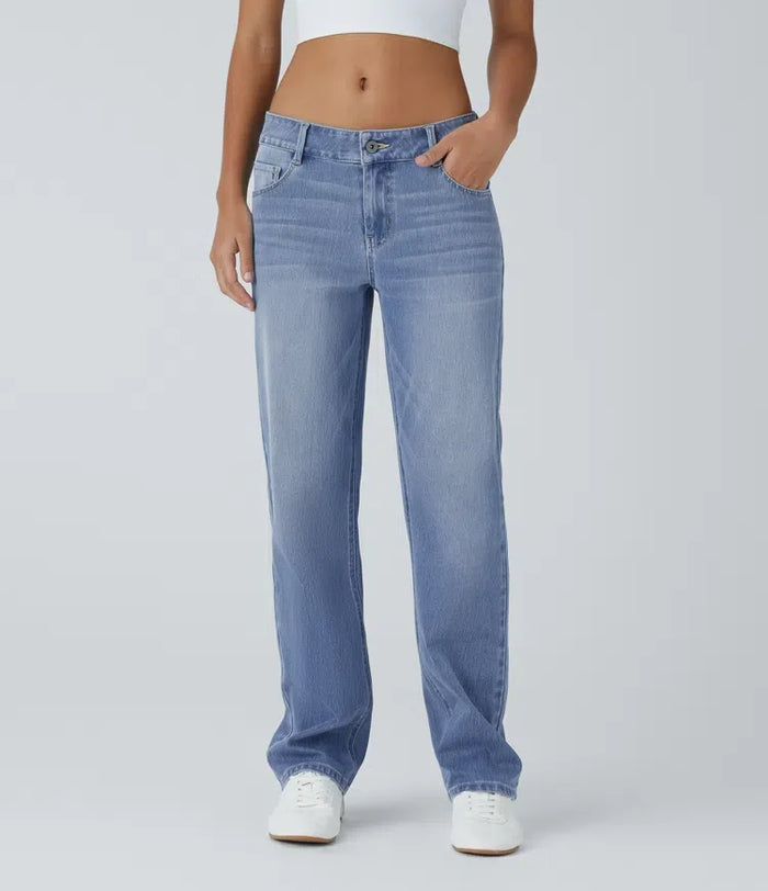 Halara Flex med låg midja dragkedja fickor raka ben tvättad vardagsjeans