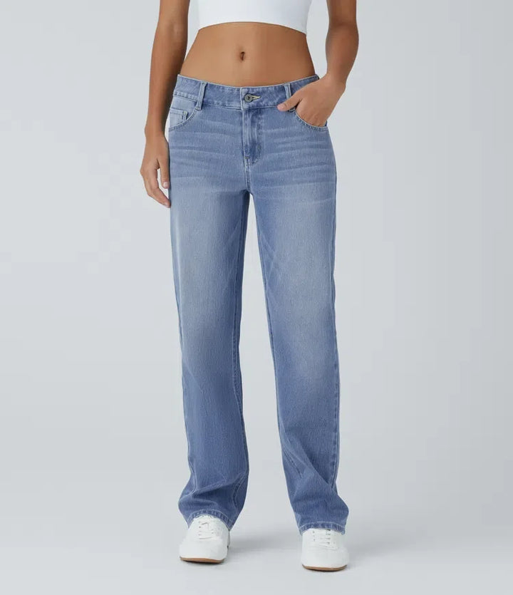 Lyckera Flex låg midja dragkedja fickor raka ben tvättad vardagsjeans