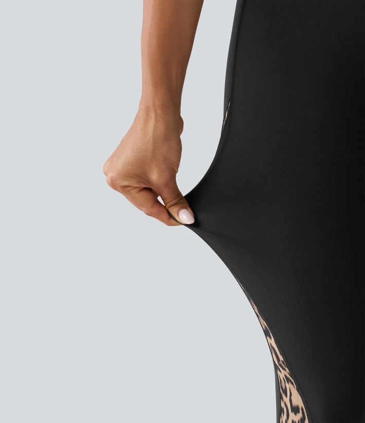 Högmidjad skinny kontrastmesh leopardmönster färgblock yogaleggings med fickor
