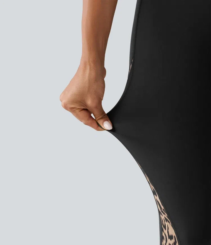 Högmidjad skinny kontrastmesh leopardmönster färgblock yogaleggings med fickor