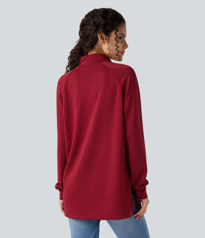 Halvpolo långärmad slits hög-låg avslappnad vardaglig sweatshirt