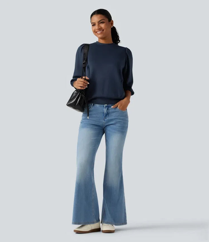 Rund hals puff 3/4 ärm vardaglig sweatshirt