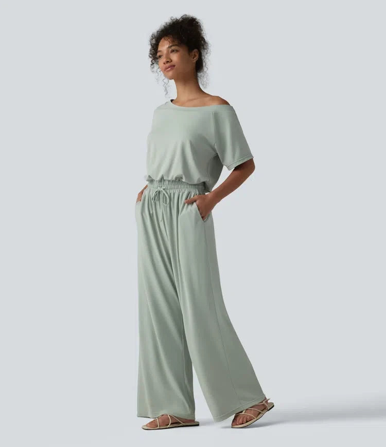 Båtringning kortärmad dragsko baggy jumpsuit för vardag med fickor – Easy Peezy-utgåva