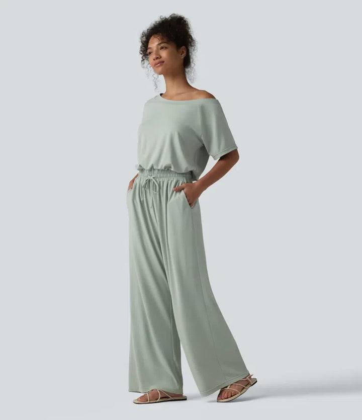 Båtringning kortärmad dragsko baggy jumpsuit för vardag med fickor – Easy Peezy-utgåva