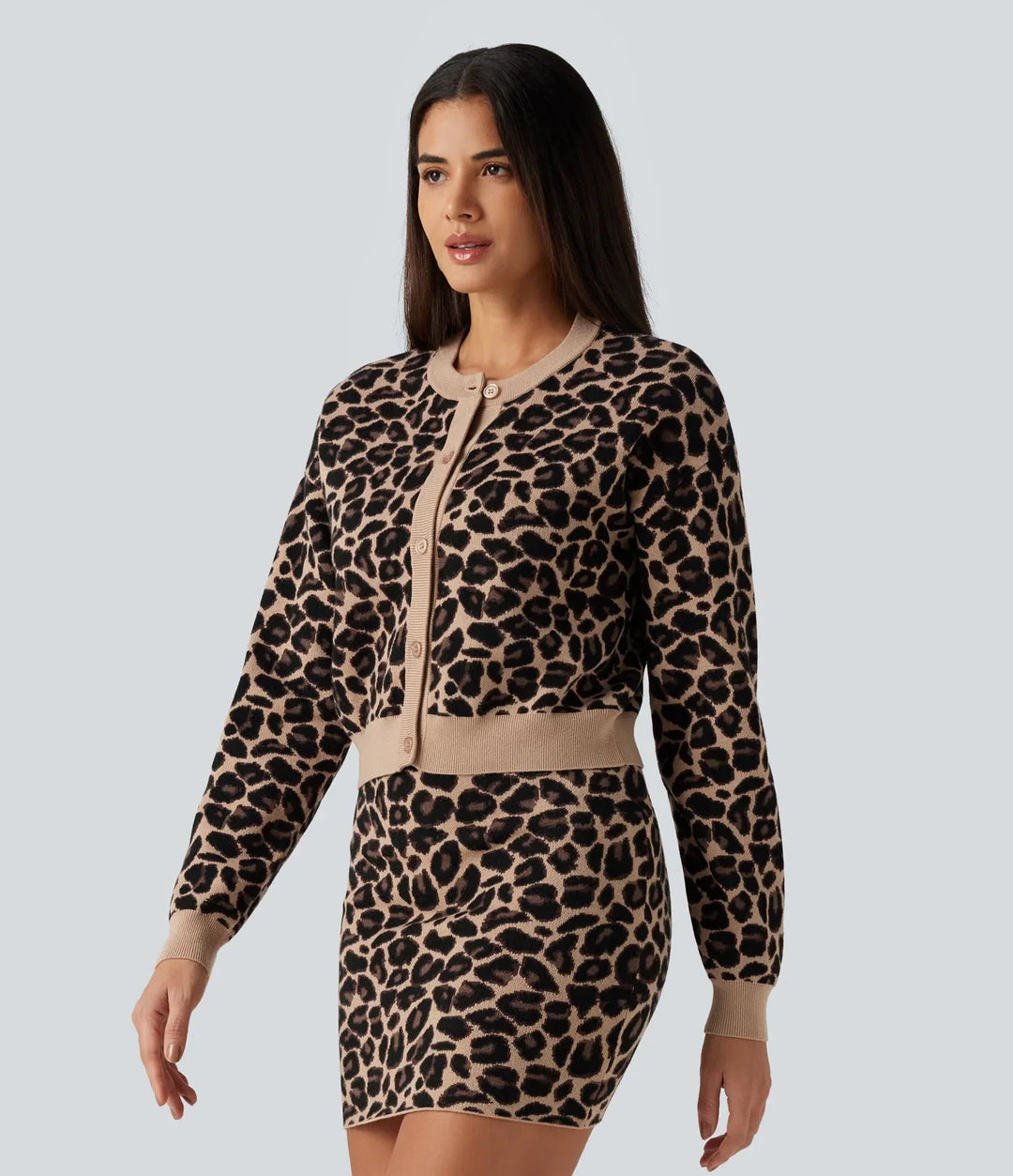 Rund hals långärmad leopardmönster vardaglig cardigan
