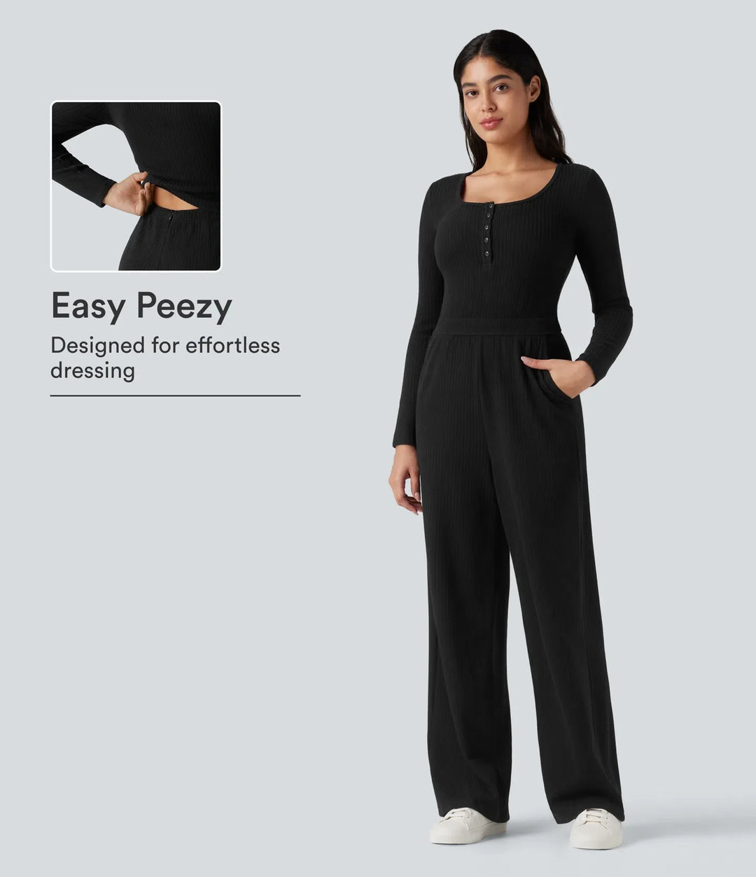 Ribbad henley långärmad vardaglig jumpsuit med fickor-Easy Peezy