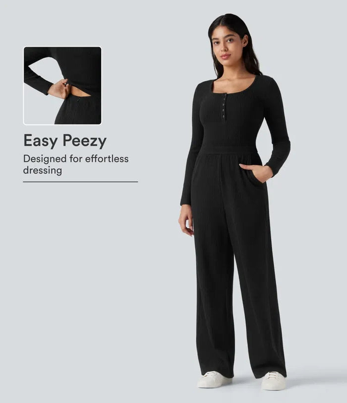 Ribbad henley långärmad vardaglig jumpsuit med fickor-Easy Peezy