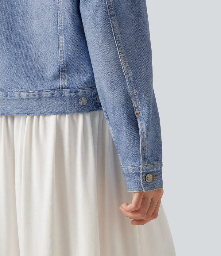 Med krage långärmad denim mönster frotté vardaglig jacka med fickor