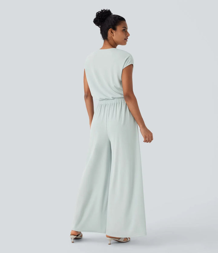 V-ringad kortärmad ficka vida ben fallande våffelstruktur vardaglig jumpsuit-Easy Peezy Edition