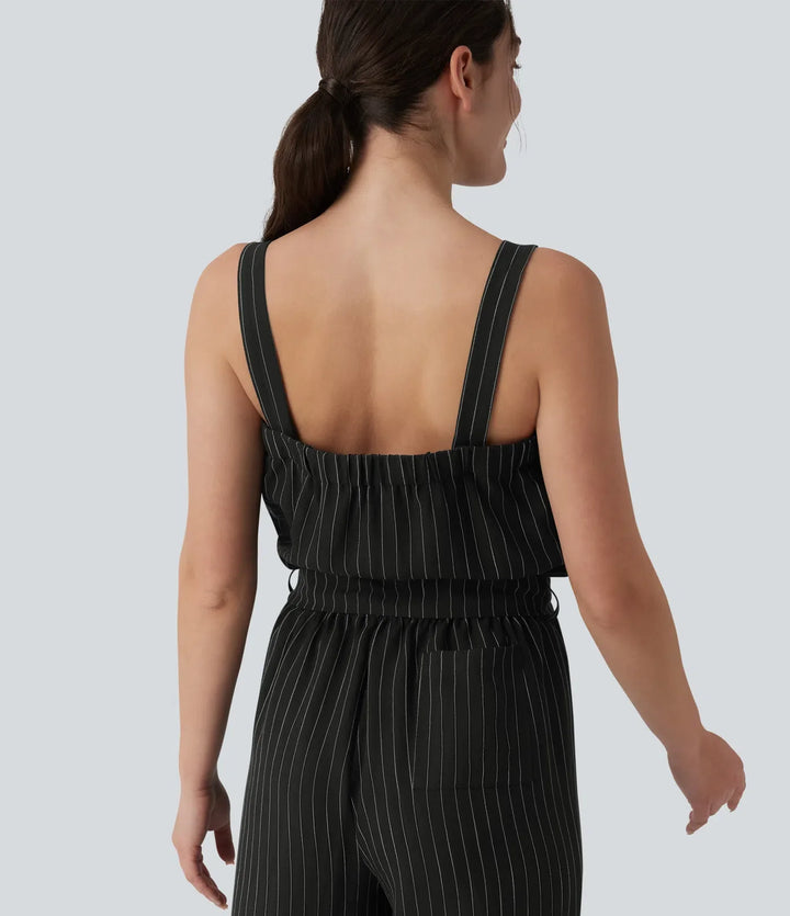 Fyrkantig halsringning justerbara axelband ärmlös bältad ränder vardaglig linnekänsla jumpsuit med fickor-Easy Peezy