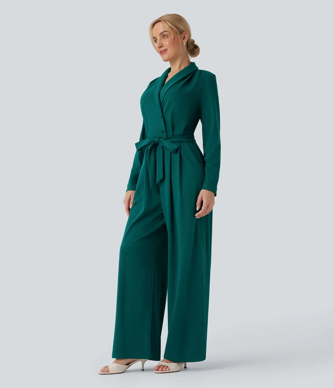 V-ringad långärmad bältad jumpsuit med fickor-Easy Peezy