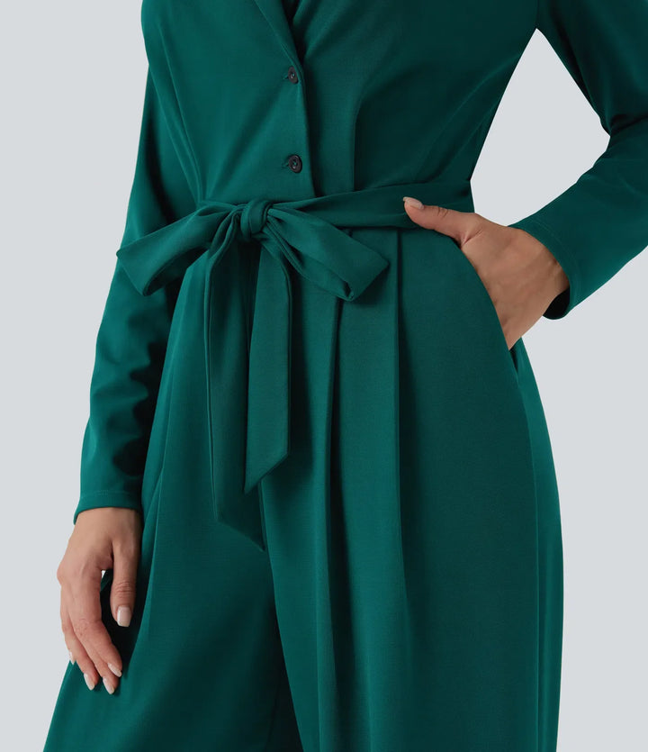 V-ringad långärmad bältad jumpsuit med fickor-Easy Peezy