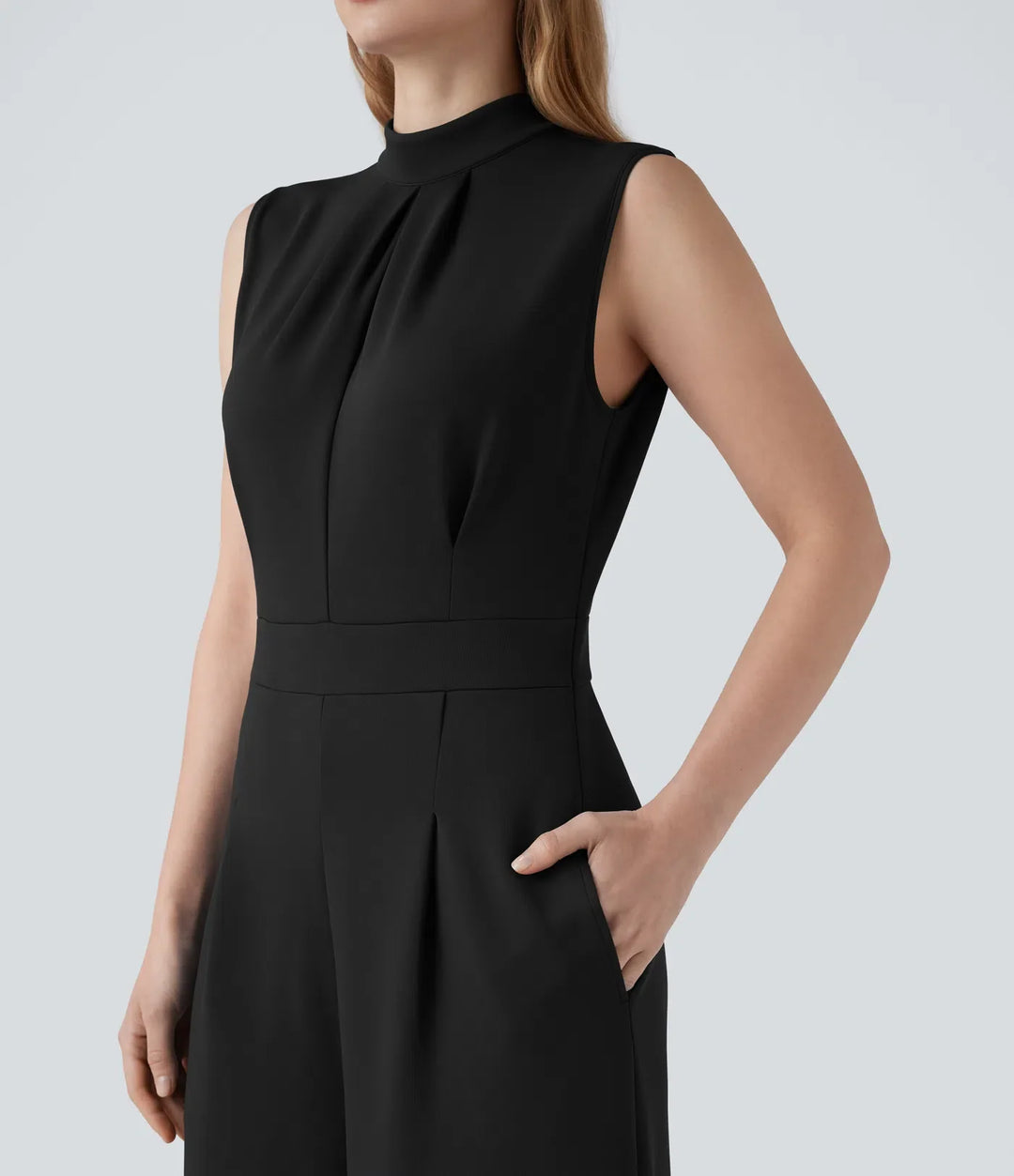 Halvpolo dragkedja ärmlös arbete vida ben jumpsuit med fickor